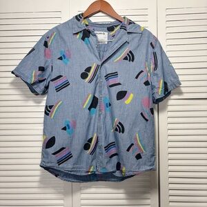 Take Pride Button Up Chambray Shirt Blue Short Sleeves LGBTQ Flags Collar Size M